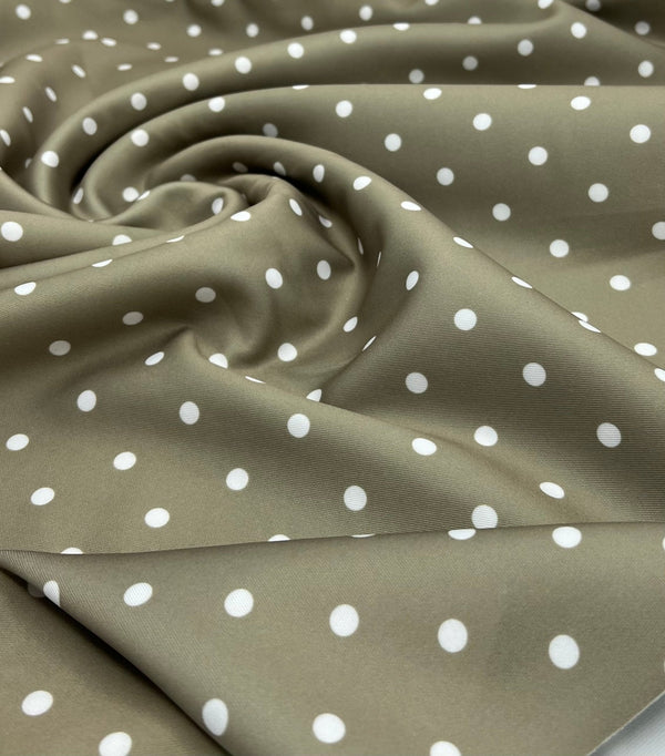 Light Olive White Polka Dot Printed Plain Scuba 4 Way Stretch Jersey Fabric