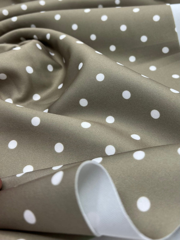 Light Olive White Polka Dot Printed Plain Scuba 4 Way Stretch Jersey Fabric