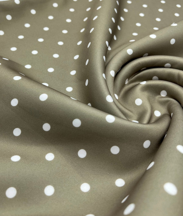 Light Olive White Polka Dot Printed Plain Scuba 4 Way Stretch Jersey Fabric