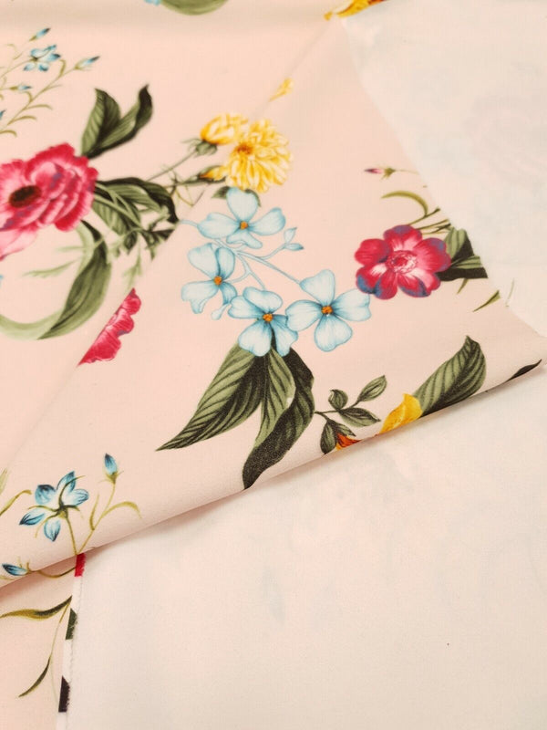 Light Pink Floral Printed Scuba Crepe Jersey Fabric 4 Way Stretch