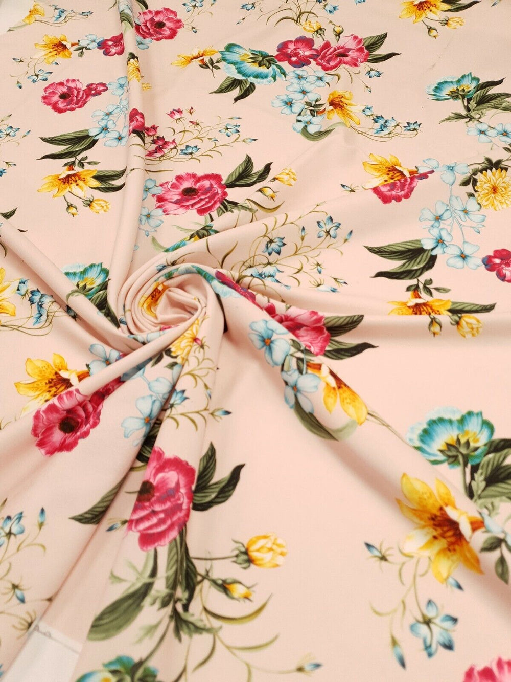 Light Pink Floral Printed Scuba Crepe Jersey Fabric 4 Way Stretch