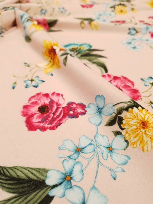 Light Pink Floral Printed Scuba Crepe Jersey Fabric 4 Way Stretch