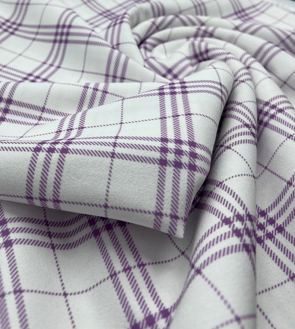 Lilac Check Printed Scuba Crepe Jersey Fabric 4 Way Stretch