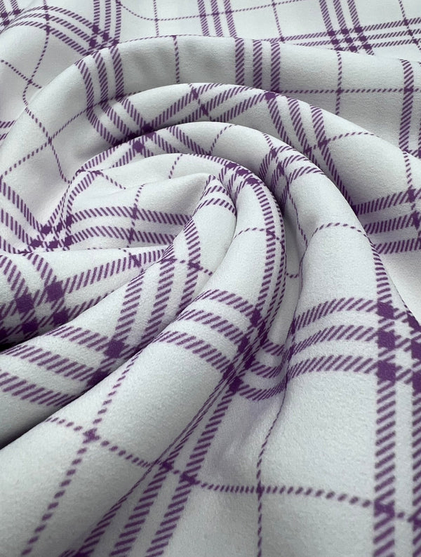 Lilac Check Printed Scuba Crepe Jersey Fabric 4 Way Stretch