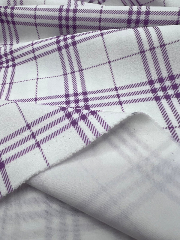 Lilac Check Printed Scuba Crepe Jersey Fabric 4 Way Stretch
