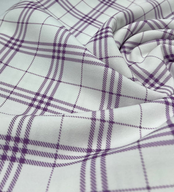 Lilac Check Printed Scuba Crepe Jersey Fabric 4 Way Stretch