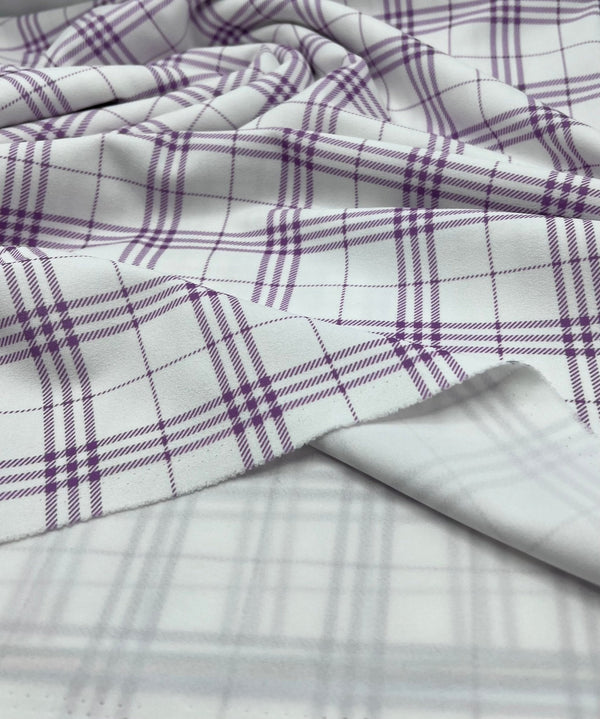 Lilac Check Printed Scuba Crepe Jersey Fabric 4 Way Stretch