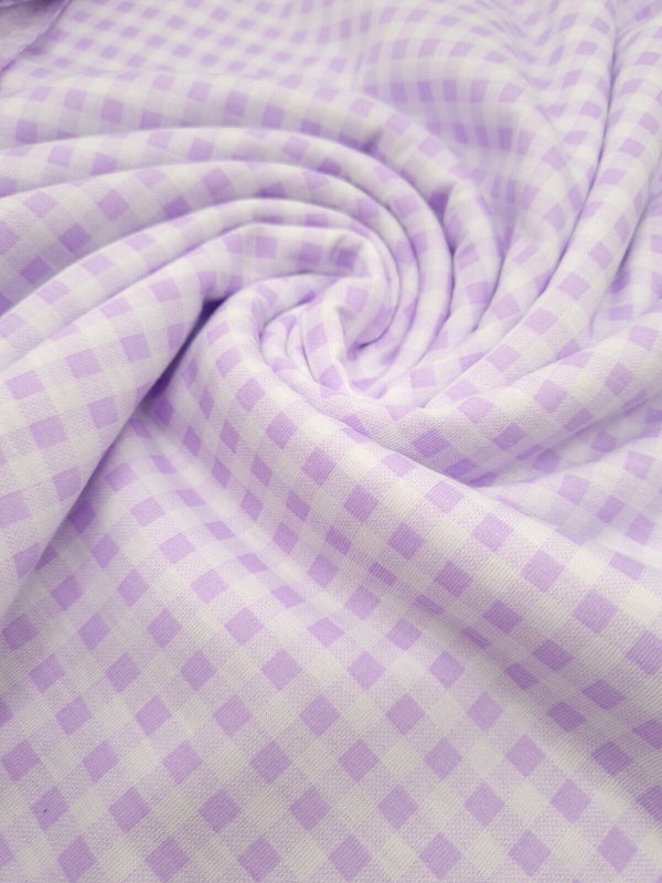 Lilac Gingham Print Spun Poly Stretch Fabric