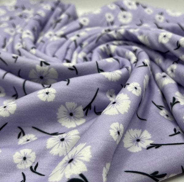 Lilac White Floral Print Spun Poly Stretch Fabric
