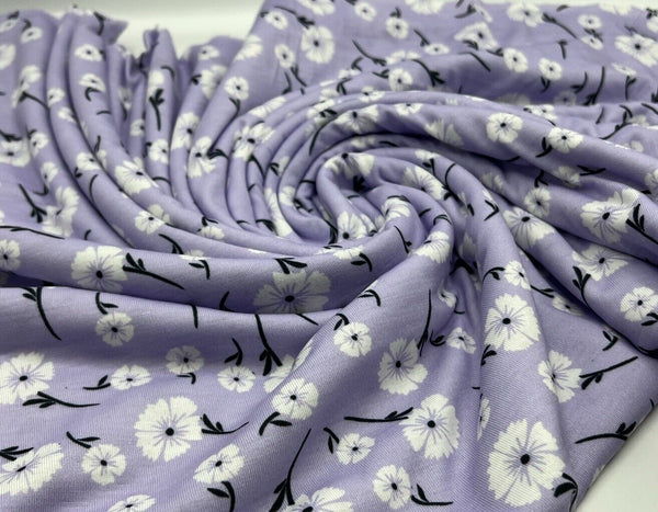 Lilac White Floral Print Spun Poly Stretch Fabric
