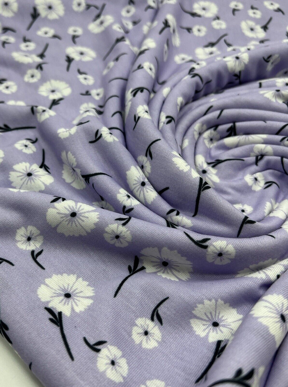 Lilac White Floral Print Spun Poly Stretch Fabric