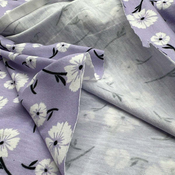 Lilac White Floral Print Spun Poly Stretch Fabric