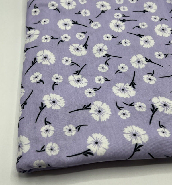 Lilac White Floral Print Spun Poly Stretch Fabric