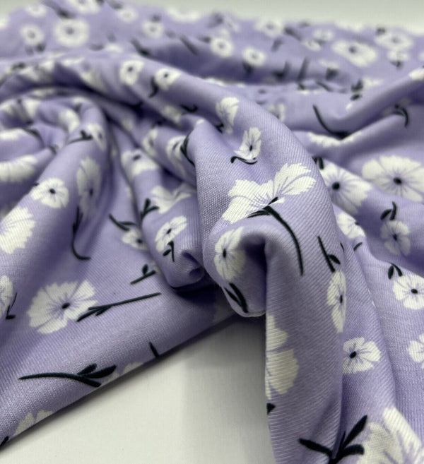 Lilac White Floral Print Spun Poly Stretch Fabric