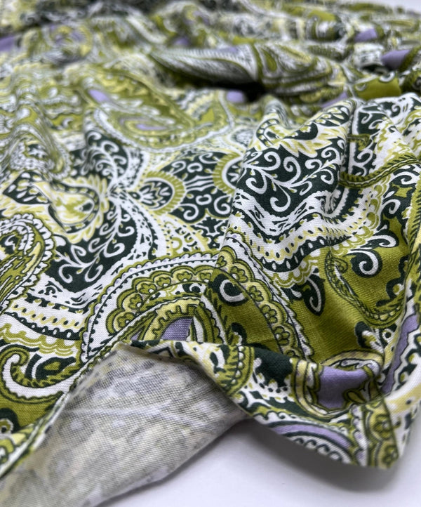 Lime Paisley Mix Print Viscose Elastane Fabric