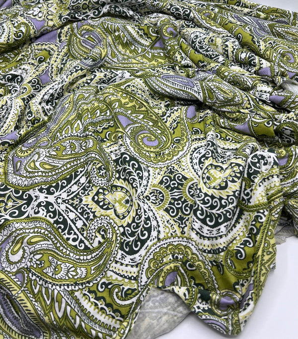 Lime Paisley Mix Print Viscose Elastane Fabric