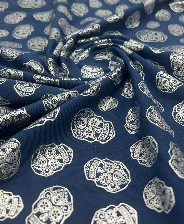 Metallic Skulls Cotton Stretch Jersey Halloween 200 GSM 95/5 Lycra 4 Way Stretch
