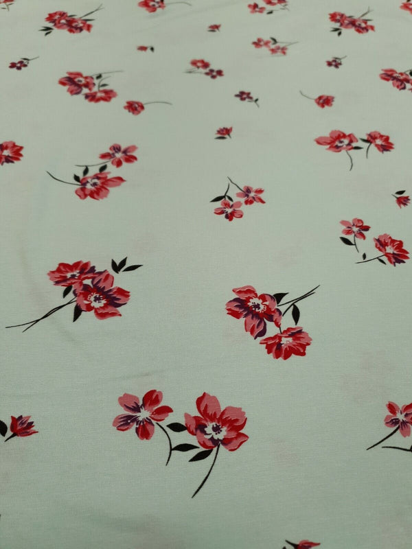 Mint Green Red Floral Print Viscose Elastane Fabric