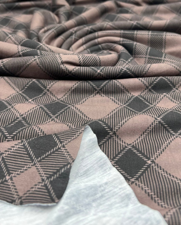 Mocha Black Diamond Check Print Spun Poly Stretch Fabric