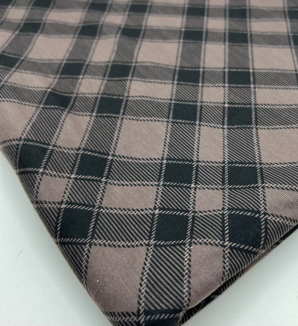 Mocha Black Diamond Check Print Spun Poly Stretch Fabric