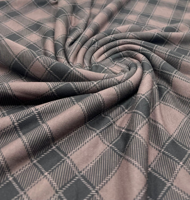 Mocha Black Diamond Check Print Spun Poly Stretch Fabric