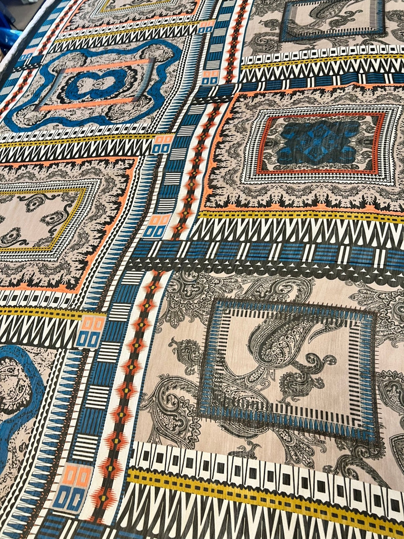 Multi Brown Stone Squares Print Chiffon Sheer Dress Fabric