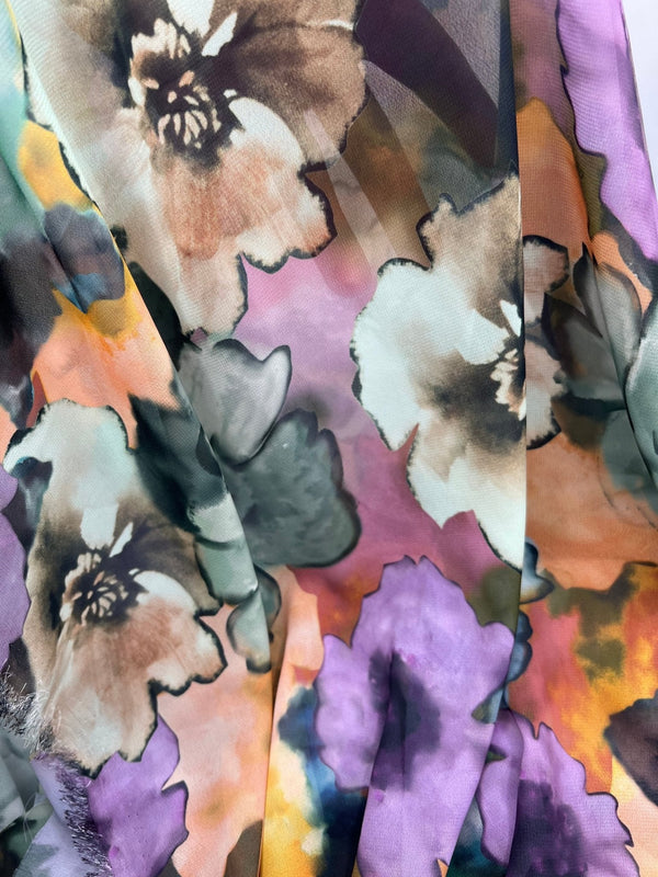 Multi Coloured Large Floral Printed Chiffon Dress Fabric