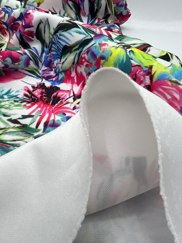 Multi Floral Printed Plain Scuba 4 Way Stretch Jersey Fabric