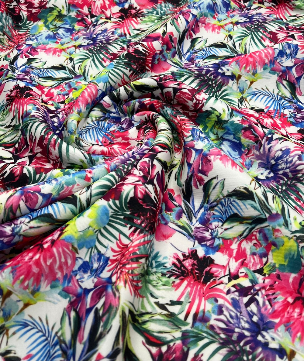 Multi Floral Printed Plain Scuba 4 Way Stretch Jersey Fabric