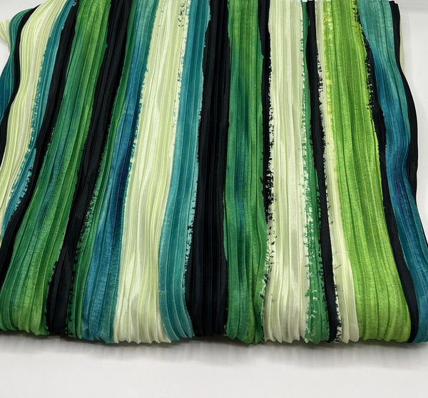 Multi Green Stripe Printed Plisse Pleated Stretch Fabric