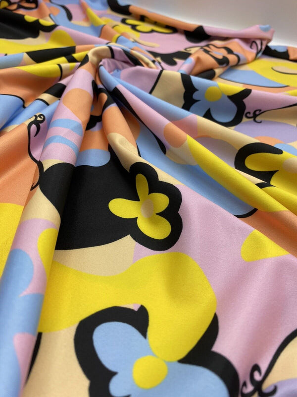 Multi Pastel Funky Retro Print Soft Touch Stretch Fabric