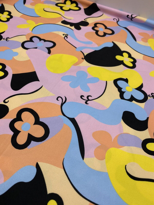 Multi Pastel Funky Retro Print Soft Touch Stretch Fabric