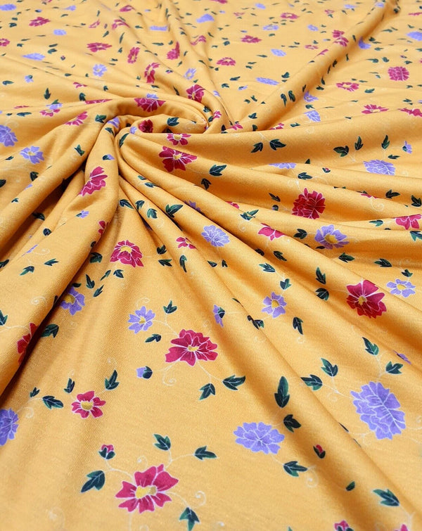 Mustard Floral Print Spun Poly Stretch Fabric