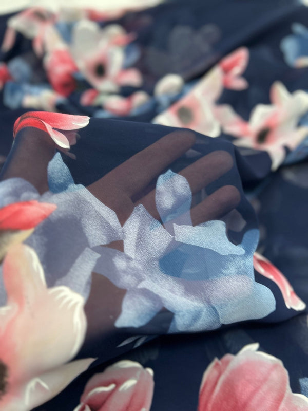 Navy Blooms Floral Printed Chiffon Dress Fabric