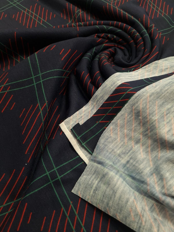 Navy Checkered Detail Print Spun Poly Stretch Fabric
