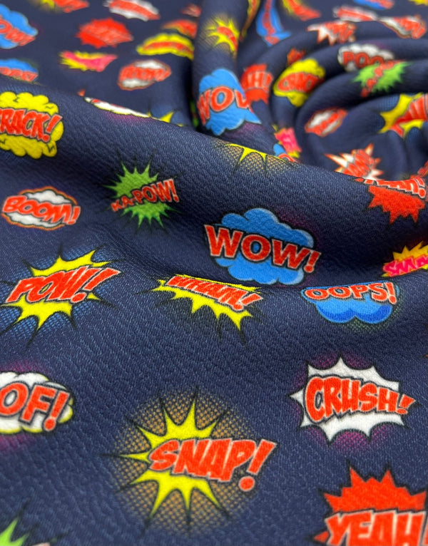 Navy Comic Print Liverpool Bullet Stretch Fabric