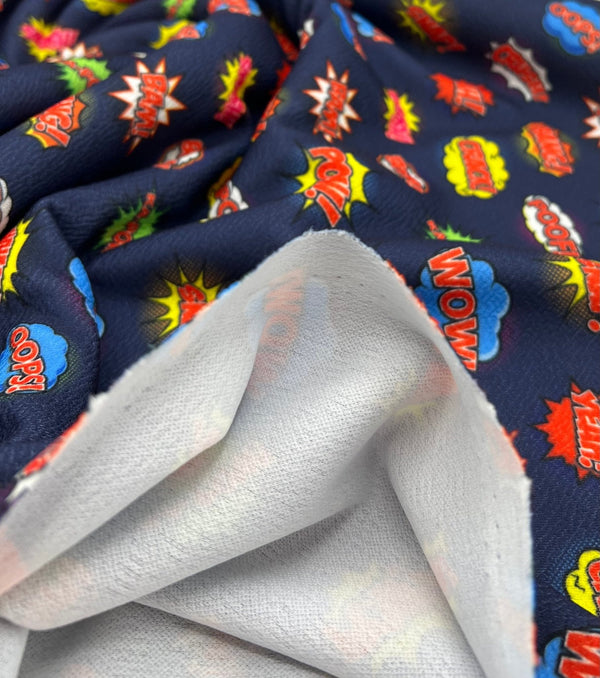 Navy Comic Print Liverpool Bullet Stretch Fabric