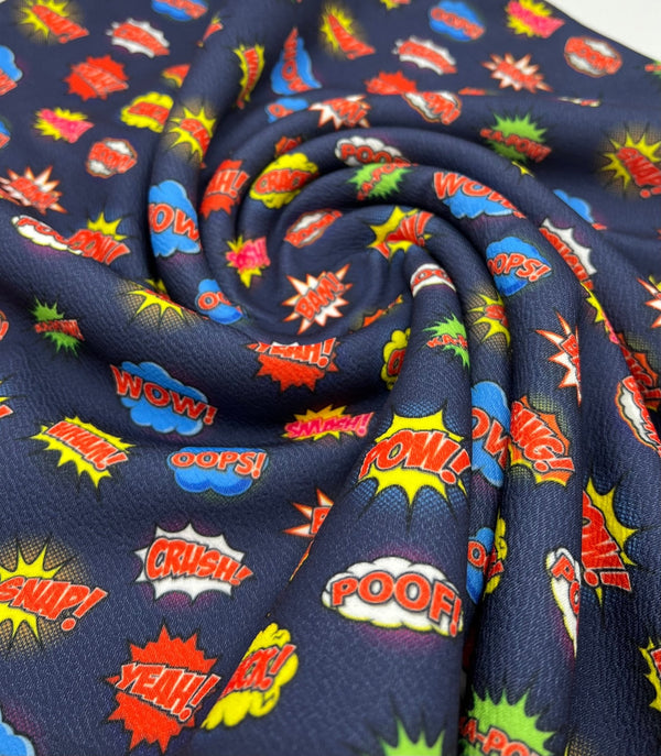 Navy Comic Print Liverpool Bullet Stretch Fabric