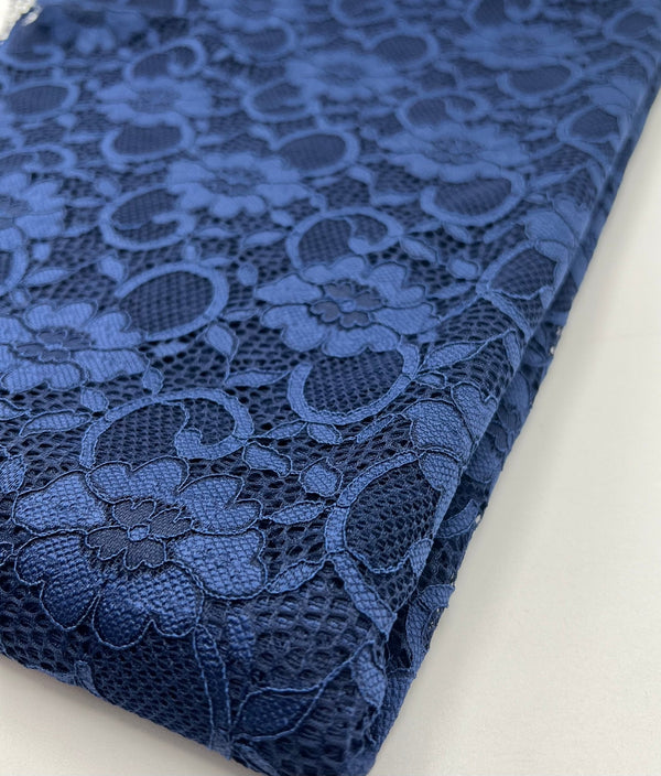 Navy Flower Scalloped Edge Floral Lace Fabric Stretch
