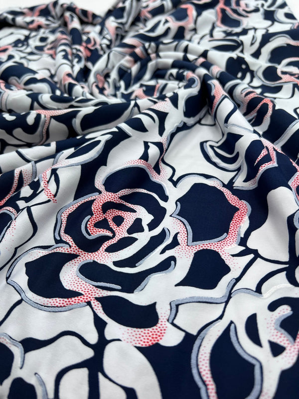 Navy Red Rose On White Print Soft Touch 4 Way Stretch Fabric