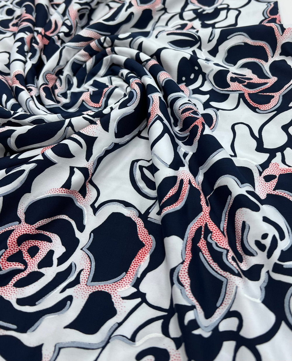 Navy Red Rose On White Print Soft Touch 4 Way Stretch Fabric