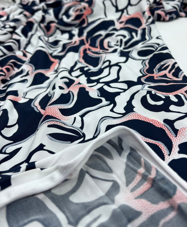 Navy Red Rose On White Print Soft Touch 4 Way Stretch Fabric