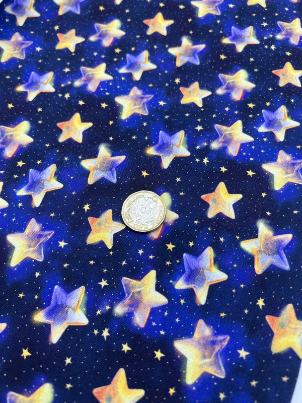 Navy Stars Print Cotton Stretch Jersey 200 GSM 95/5 Lycra 4 Way Stretch