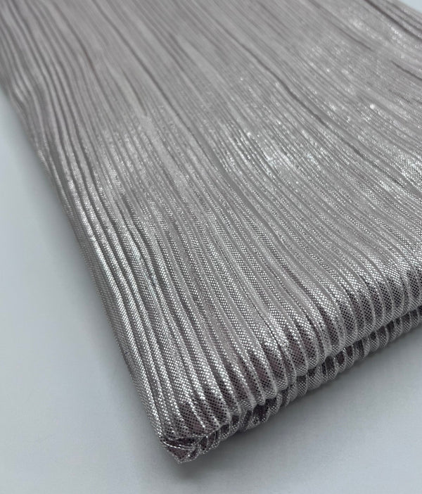 Nude Metallic Foil Shiny Plisse Pleated Stretch Fabric