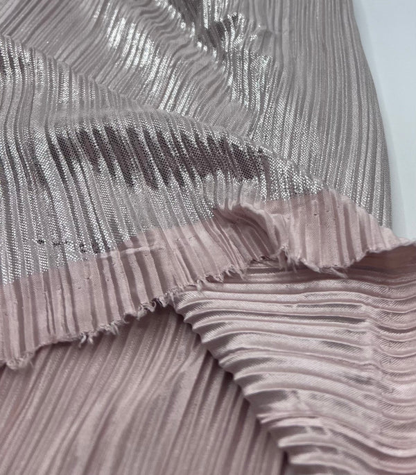 Nude Metallic Foil Shiny Plisse Pleated Stretch Fabric