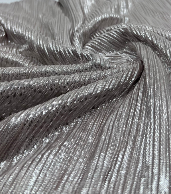 Nude Metallic Foil Shiny Plisse Pleated Stretch Fabric