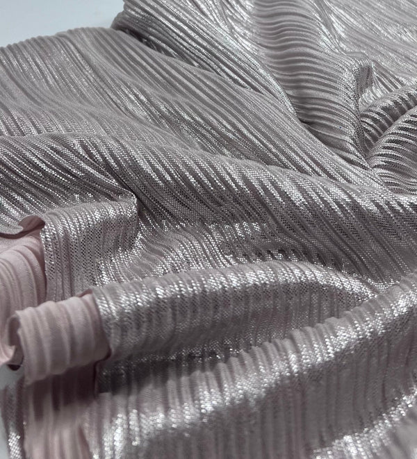 Nude Metallic Foil Shiny Plisse Pleated Stretch Fabric