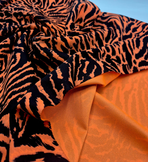 Orange Animal Neon Back Printed Scuba Crepe Fabric 4 Way Stretch