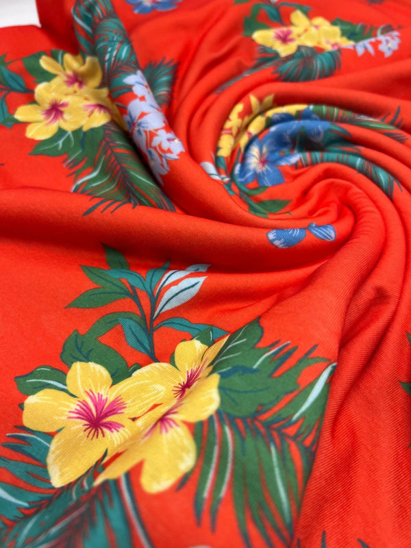 Orange Floral Print Spun Poly Stretch Fabric