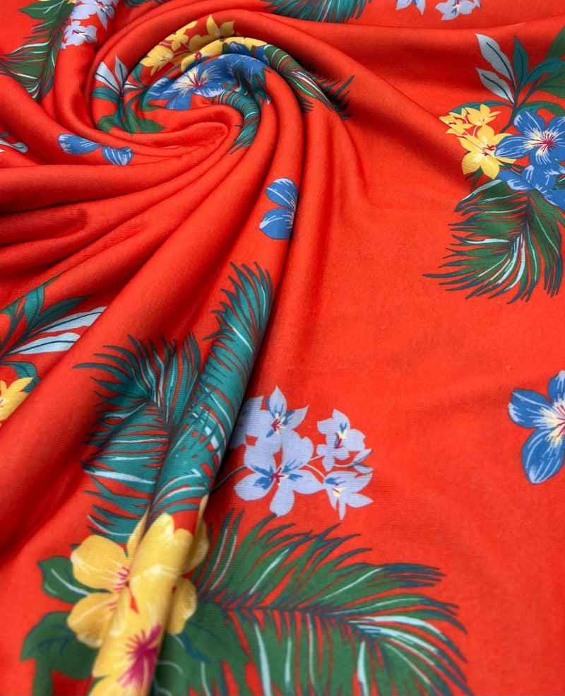 Orange Floral Print Spun Poly Stretch Fabric